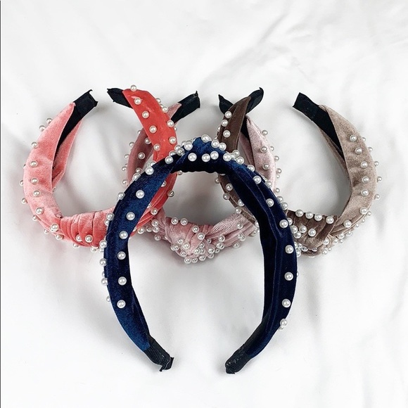 2/$25 Velvet Pearl Knotted Headband - Navy - Picture 2 of 5